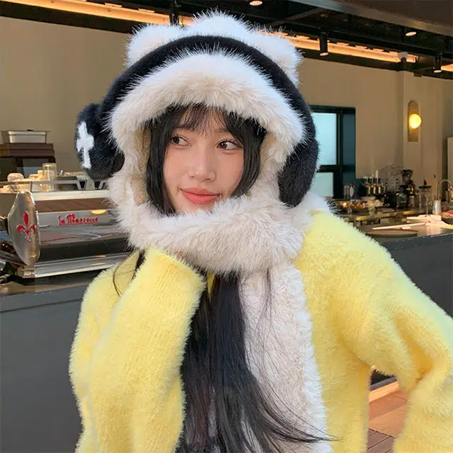 雅鹿优选 可爱耳机小熊帽子围巾两件套女生秋冬季毛绒加厚连帽保暖护耳雷锋帽 涤纶 绒线帽 女款