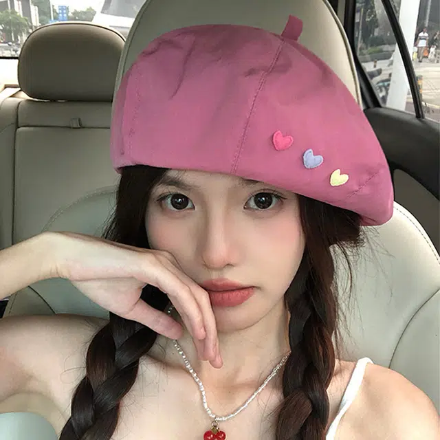 雅鹿优选 日系甜妹爱心百搭大头围显脸小薄款透气画家 棉 贝雷帽 女款