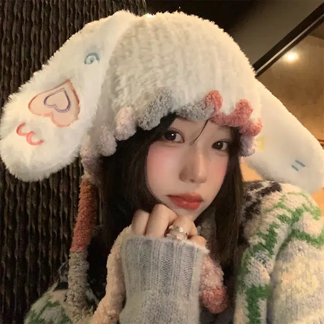 雅鹿优选 爱心兔子长耳朵针织护耳毛线帽女生秋冬保暖显脸小可爱拍照氛围感雷锋帽 涤纶 绒线帽 女款