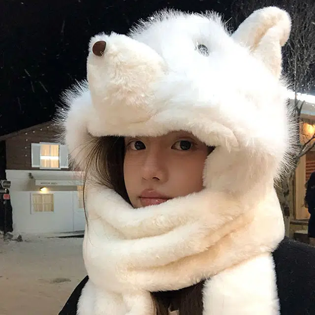 雅鹿优选 可爱毛绒小熊秋冬季三件套绒线帽子围巾手套一体女生冬季加厚保暖护耳雷锋帽 涤纶 绒线帽 女款