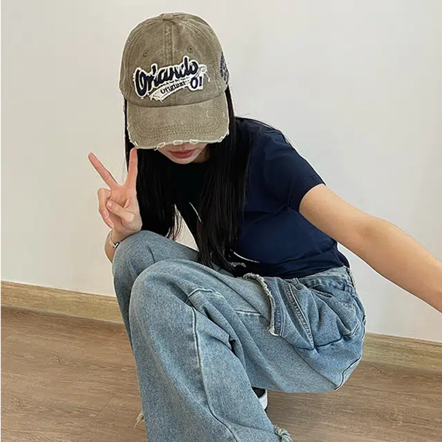 雅鹿优选 美式做旧刺绣字母破洞街头潮流牛仔遮阳防晒大头围显脸小 聚酯纤维 鸭舌帽 男女同款情侣款