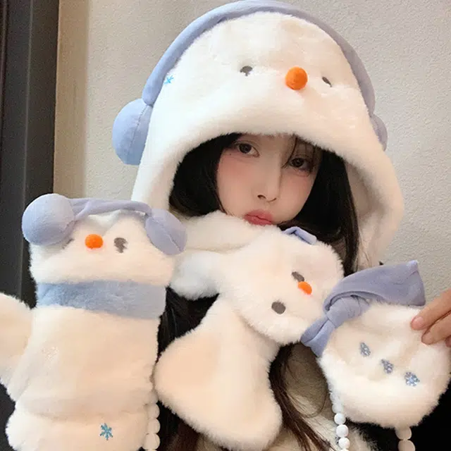 【萌趣小雪人】 雅鹿优选 冬季保暖可爱耳机雪人护耳毛绒帽子三件套女生围脖挂脖手套绒线帽套装 涤纶 绒线帽 女款