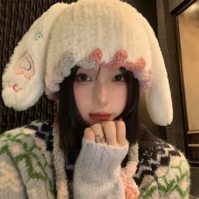 雅鹿优选 爱心兔子长耳朵针织护耳毛线帽女生秋冬保暖显脸小可爱拍照氛围感雷锋帽 涤纶 绒线帽 女款