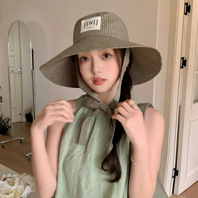 雅鹿优选 韩版千鸟格子大帽檐显脸小盆旅游出街防晒遮阳 聚酯纤维 渔夫帽 男女同款情侣款