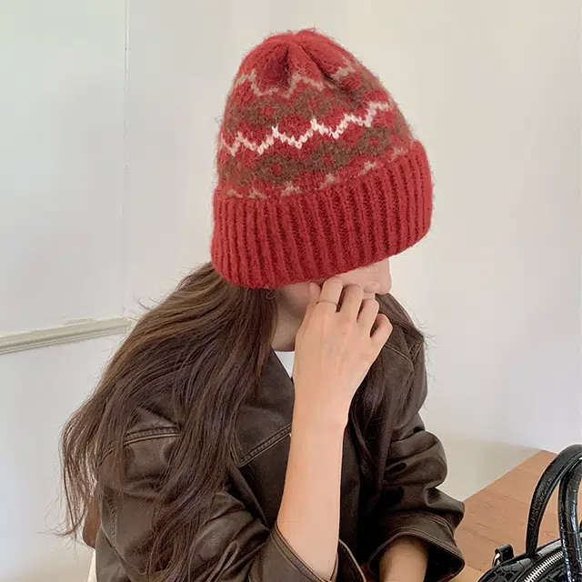 雅鹿优选 复古费尔岛风针织毛线帽女生秋冬加厚保暖休闲百搭护耳套头绒线帽子 情侣款 涤纶 绒线帽 男女同款情侣款