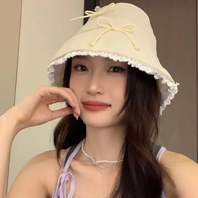 雅鹿优选 绝美氧气甜美风蝴蝶结蕾丝花边风防晒帽夏天遮阳显脸小盆帽 棉 渔夫帽 女款