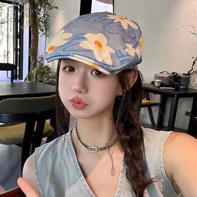 雅鹿优选 简约复古卡通蓝色雏菊涂鸦前进帽 可爱小清新大头围显脸小反戴 棉 贝雷帽 女款