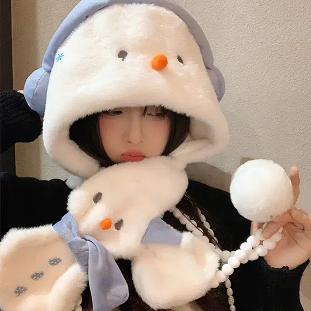 【萌趣小雪人】 雅鹿优选 冬季保暖可爱耳机雪人护耳毛绒帽子三件套女生围脖挂脖手套绒线帽套装 涤纶 绒线帽 女款