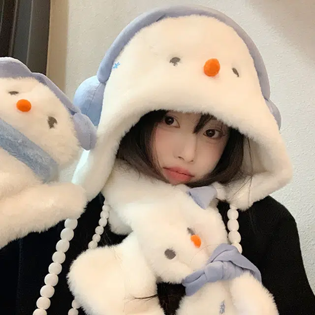 【萌趣小雪人】 雅鹿优选 冬季保暖可爱耳机雪人护耳毛绒帽子三件套女生围脖挂脖手套绒线帽套装 涤纶 绒线帽 女款