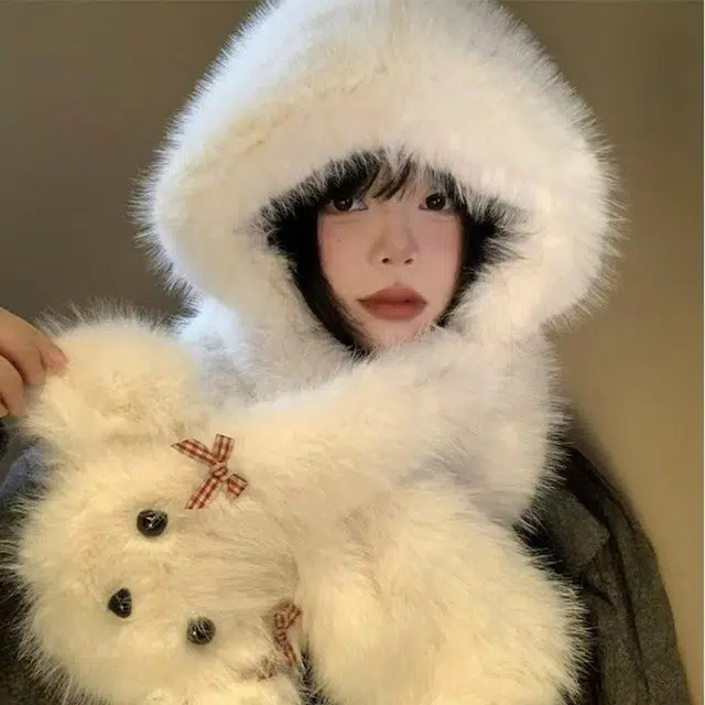 雅鹿优选 超暖和可爱蝴蝶结小狗毛绒帽女生冬季帽子围巾一体百搭防寒保暖护耳雷锋帽 涤纶 绒线帽 女款