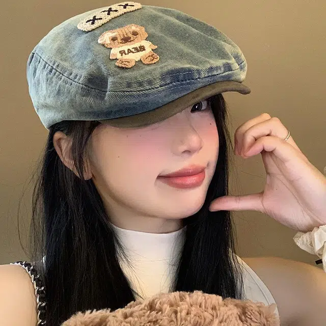 雅鹿优选 韩系可爱小熊贴布水洗做旧百搭出游时尚百搭显脸小画家帽 棉 贝雷帽 男女同款情侣款