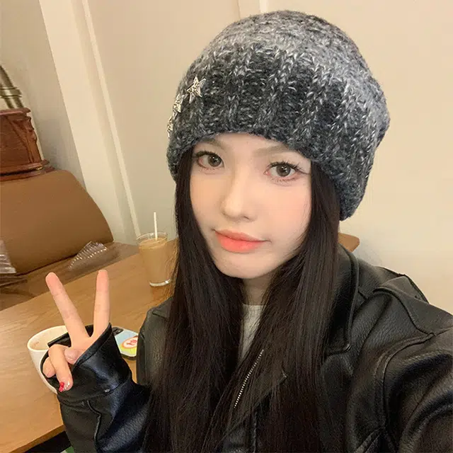 雅鹿优选 秋冬季星星针织绒线帽子男女情侣款百搭显脸小堆堆帽保暖护耳大头围包头帽 涤纶 绒线帽 男女同款情侣款