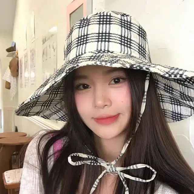 雅鹿优选 韩式网格纹轻便透气大帽檐显脸小度假钓鱼防晒遮阳帽 聚酯纤维 渔夫帽 男女同款情侣款