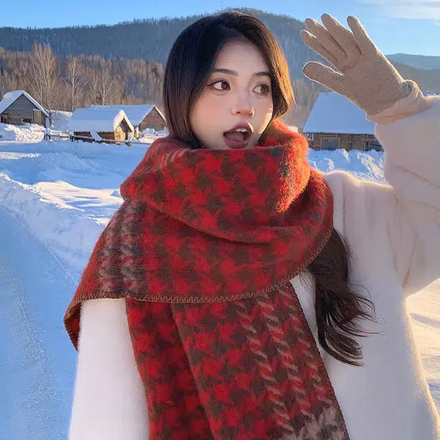 雅鹿优选 保暖经典千鸟格复古韩版百搭气质披肩两 心动礼盒装 聚酯纤维 绒线围巾 男女同款情侣款