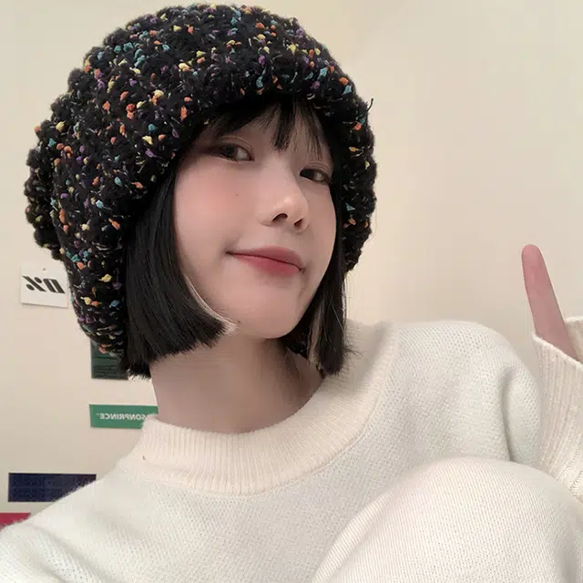 雅鹿优选 秋冬百搭毛线帽子女生大头围显脸小堆堆帽彩虹混色保暖针织套头冷帽绒线帽 涤纶 绒线帽 女款