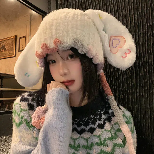 雅鹿优选 爱心兔子长耳朵针织护耳毛线帽女生秋冬保暖显脸小可爱拍照氛围感雷锋帽 涤纶 绒线帽 女款