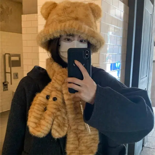 雅鹿优选 可爱卡通虎纹小老虎围巾毛绒盆帽 秋冬季学生早八骑车护颈防寒保暖加绒围脖渔夫帽两件套 涤纶 渔夫帽 女款