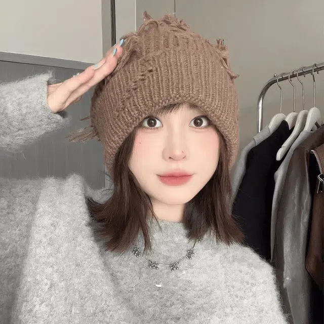 雅鹿优选 大版破洞针织帽子男女情侣款秋冬季圆脸显脸小冷帽高品质卷边百搭绒线帽 涤纶 绒线帽 男女同款情侣款