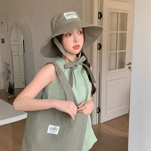 雅鹿优选 韩版千鸟格子大帽檐显脸小盆旅游出街防晒遮阳 聚酯纤维 渔夫帽 男女同款情侣款