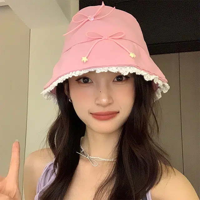 雅鹿优选 绝美氧气甜美风蝴蝶结蕾丝花边风防晒帽夏天遮阳显脸小盆帽 棉 渔夫帽 女款