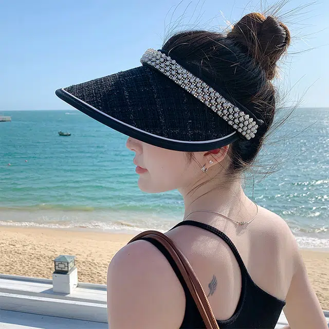 雅鹿优选 日系空顶黑胶小香风发箍宽檐防紫外线显脸小户外夏日沙滩遮阳 聚酯纤维 防晒帽 女款
