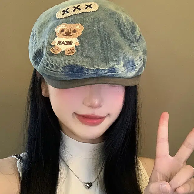 雅鹿优选 韩系可爱小熊贴布水洗做旧百搭出游时尚百搭显脸小画家帽 棉 贝雷帽 男女同款情侣款