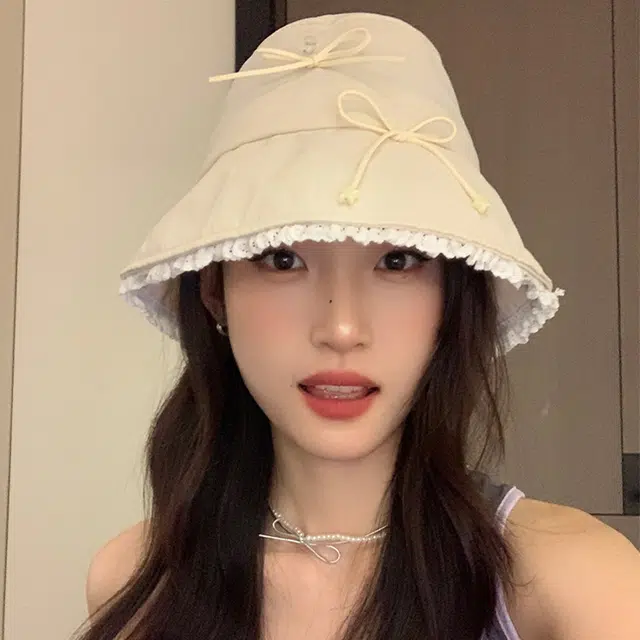 雅鹿优选 绝美氧气甜美风蝴蝶结蕾丝花边风防晒帽夏天遮阳显脸小盆帽 棉 渔夫帽 女款