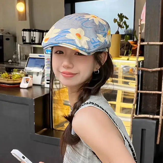 雅鹿优选 简约复古卡通蓝色雏菊涂鸦前进帽 可爱小清新大头围显脸小反戴 棉 贝雷帽 女款