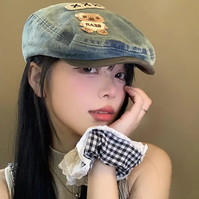 雅鹿优选 韩系可爱小熊贴布水洗做旧百搭出游时尚百搭显脸小画家帽 棉 贝雷帽 男女同款情侣款