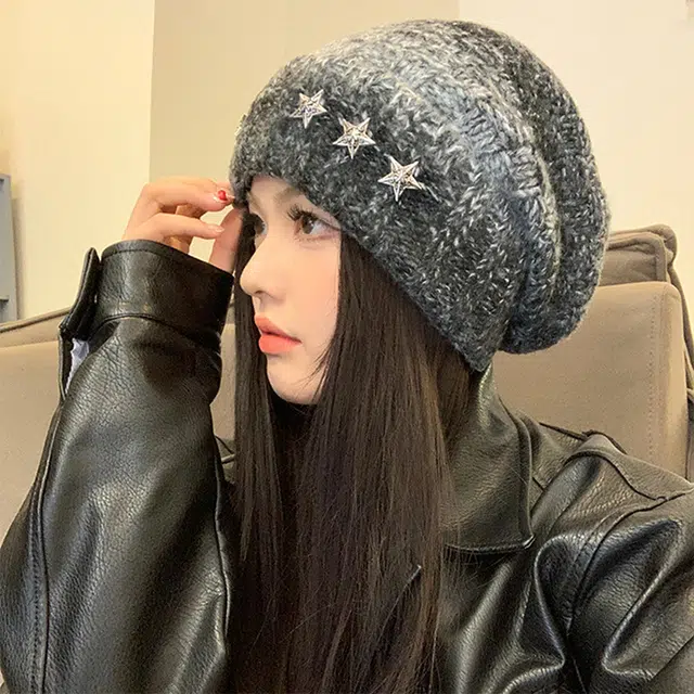 雅鹿优选 秋冬季星星针织绒线帽子男女情侣款百搭显脸小堆堆帽保暖护耳大头围包头帽 涤纶 绒线帽 男女同款情侣款