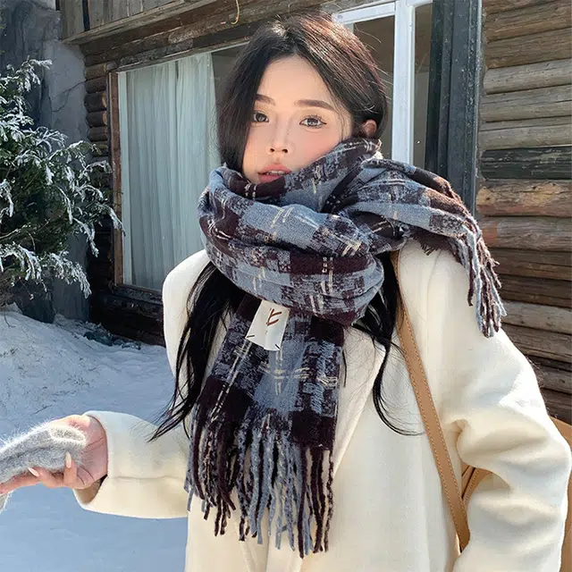 雅鹿优选 七彩丹霞氛围感格子围巾冬季高级感百搭格纹学生加厚保暖围脖 男女同款情侣款 礼盒装 绒线围巾 男女同款情侣款