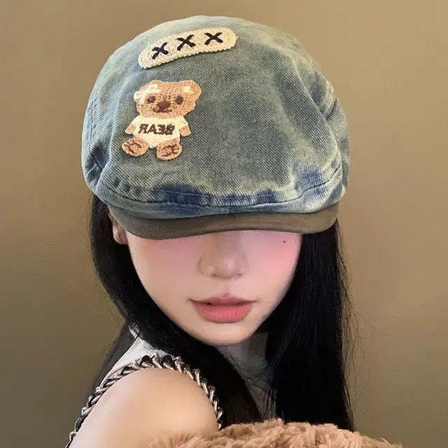 雅鹿优选 韩系可爱小熊贴布水洗做旧百搭出游时尚百搭显脸小画家帽 棉 贝雷帽 男女同款情侣款