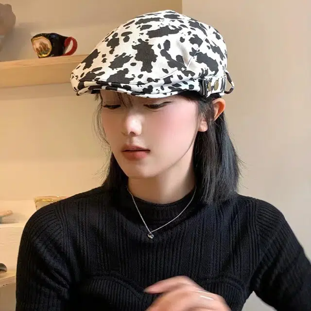 雅鹿优选 夏季薄款经典黑白奶牛纹前进帽时尚复古个性辣妹短檐显脸小鸭舌 棉 贝雷帽 女款