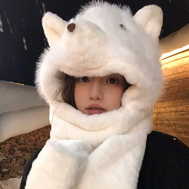 雅鹿优选 可爱毛绒小熊秋冬季三件套绒线帽子围巾手套一体女生冬季加厚保暖护耳雷锋帽 涤纶 绒线帽 女款