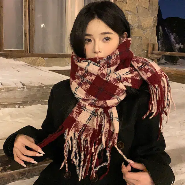雅鹿优选 七彩丹霞氛围感格子围巾冬季高级感百搭格纹学生加厚保暖围脖 男女同款情侣款 礼盒装 绒线围巾 男女同款情侣款