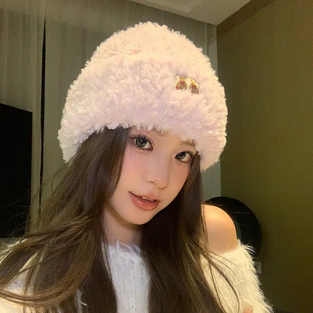 雅鹿优选 糯叽叽可爱小熊毛线帽女生冬季柔软亲肤保暖护耳针织帽甜美百搭绒线帽 涤纶 绒线帽 女款