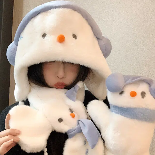 【萌趣小雪人】 雅鹿优选 冬季保暖可爱耳机雪人护耳毛绒帽子三件套女生围脖挂脖手套绒线帽套装 涤纶 绒线帽 女款