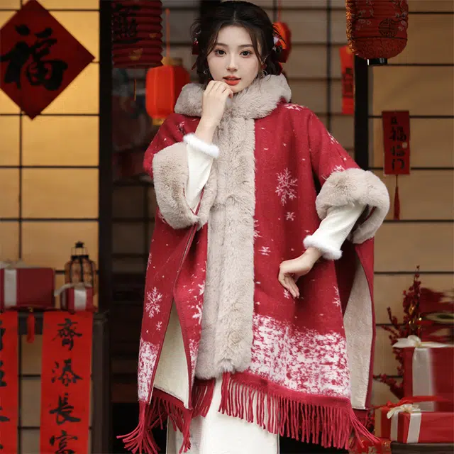 【新年圣诞氛围】 雅鹿优选 双面加绒加厚连帽斗篷冬季百搭保暖毛绒披肩新中式毛领外搭旗袍日常时尚大披风 礼盒装 披肩 女款