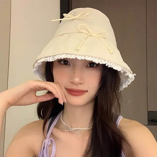 雅鹿优选 绝美氧气甜美风蝴蝶结蕾丝花边风防晒帽夏天遮阳显脸小盆帽 棉 渔夫帽 女款