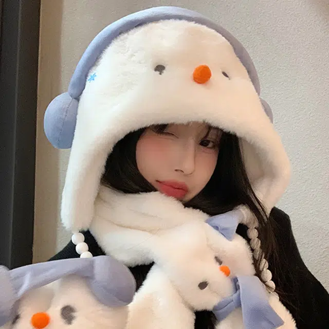 【萌趣小雪人】 雅鹿优选 冬季保暖可爱耳机雪人护耳毛绒帽子三件套女生围脖挂脖手套绒线帽套装 涤纶 绒线帽 女款