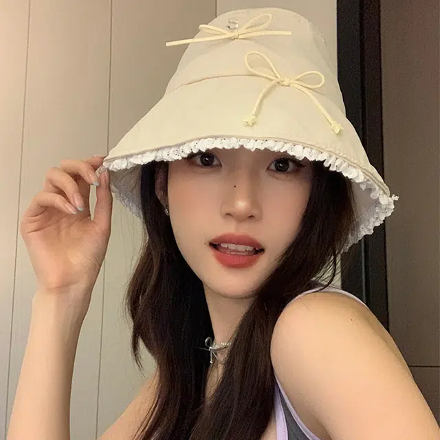 雅鹿优选 绝美氧气甜美风蝴蝶结蕾丝花边风防晒帽夏天遮阳显脸小盆帽 棉 渔夫帽 女款