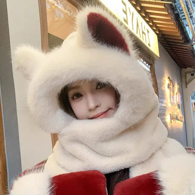 雅鹿优选 超酷立体狼耳毛绒雷锋帽女生秋冬季学生早八通勤保暖围巾手套一体加厚防寒护耳骑车毛线帽 涤纶 雷锋帽 女款