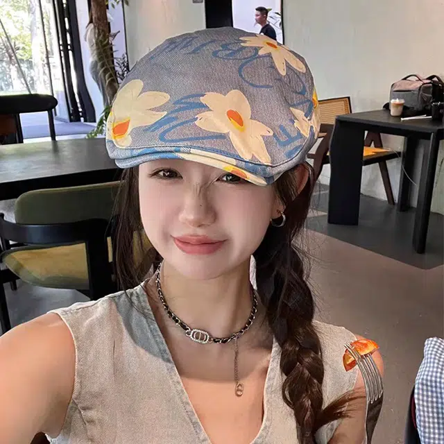 雅鹿优选 简约复古卡通蓝色雏菊涂鸦前进帽 可爱小清新大头围显脸小反戴 棉 贝雷帽 女款