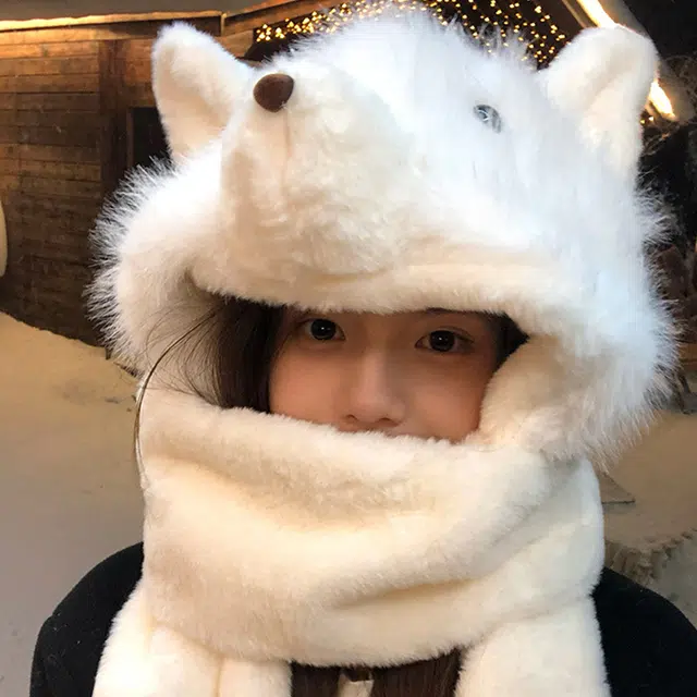 雅鹿优选 可爱毛绒小熊秋冬季三件套绒线帽子围巾手套一体女生冬季加厚保暖护耳雷锋帽 涤纶 绒线帽 女款