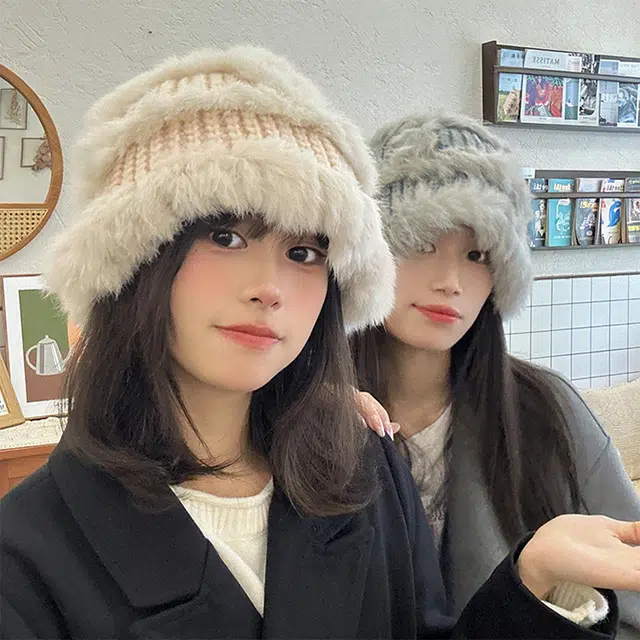 雅鹿优选 兔毛针织渔夫帽女生冬季显脸小秋冬护耳保暖防风毛线帽早八通勤百搭绒线帽子 兔毛 绒线帽 女款