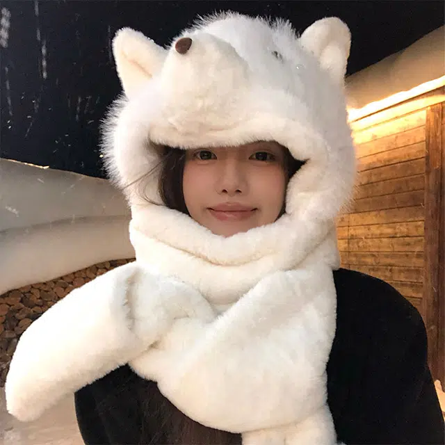 雅鹿优选 可爱毛绒小熊秋冬季三件套绒线帽子围巾手套一体女生冬季加厚保暖护耳雷锋帽 涤纶 绒线帽 女款