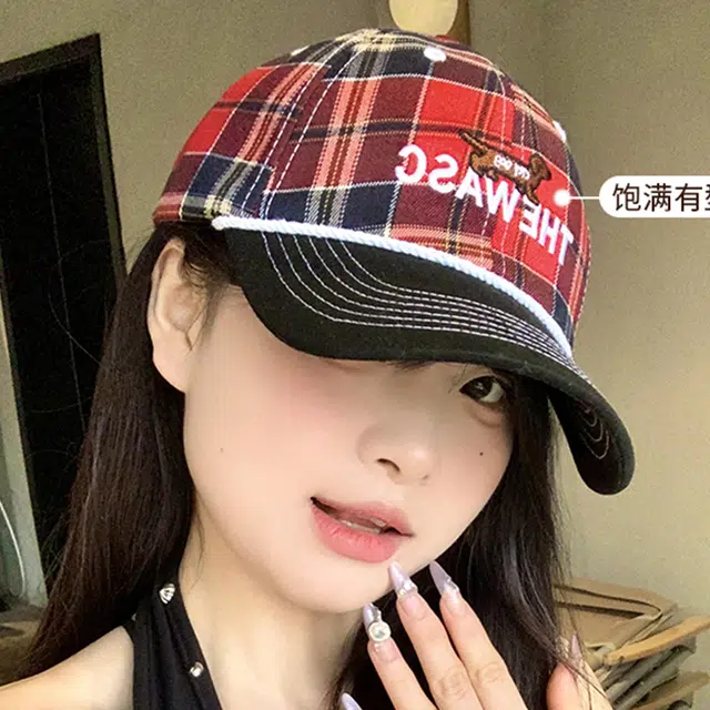 雅鹿优选 美式复古腊肠小狗刺绣痞帅街头嘻哈格纹休闲百搭防晒遮阳大头围显脸小 棉 鸭舌帽 男女同款情侣款