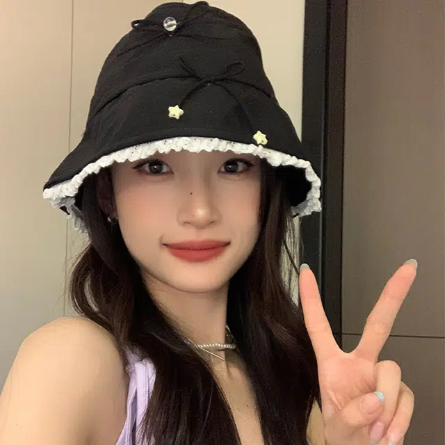 雅鹿优选 绝美氧气甜美风蝴蝶结蕾丝花边风防晒帽夏天遮阳显脸小盆帽 棉 渔夫帽 女款