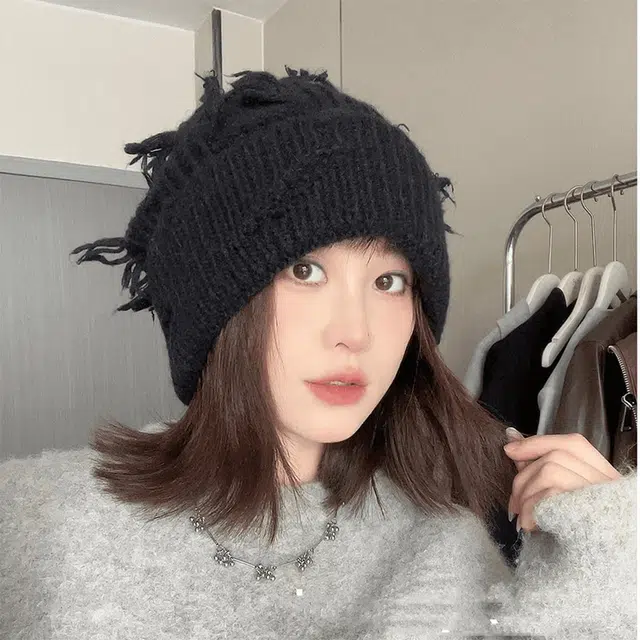 雅鹿优选 大版破洞针织帽子男女情侣款秋冬季圆脸显脸小冷帽高品质卷边百搭绒线帽 涤纶 绒线帽 男女同款情侣款