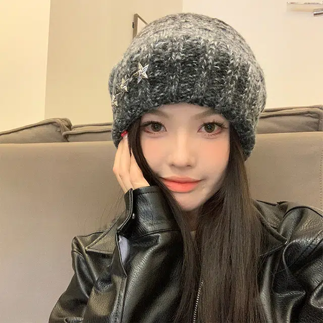 雅鹿优选 秋冬季星星针织绒线帽子男女情侣款百搭显脸小堆堆帽保暖护耳大头围包头帽 涤纶 绒线帽 男女同款情侣款